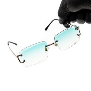 Gem Cut Turquoise Tint Gold Frame Hip Hop Rimless Luxury Rectangle Sunglasses